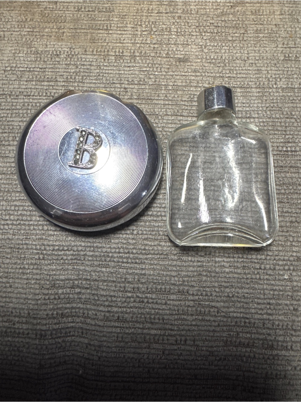 Vintage Silver Tone Rhinestone Initial B Compact Case Mini Glass Perfume Bottle